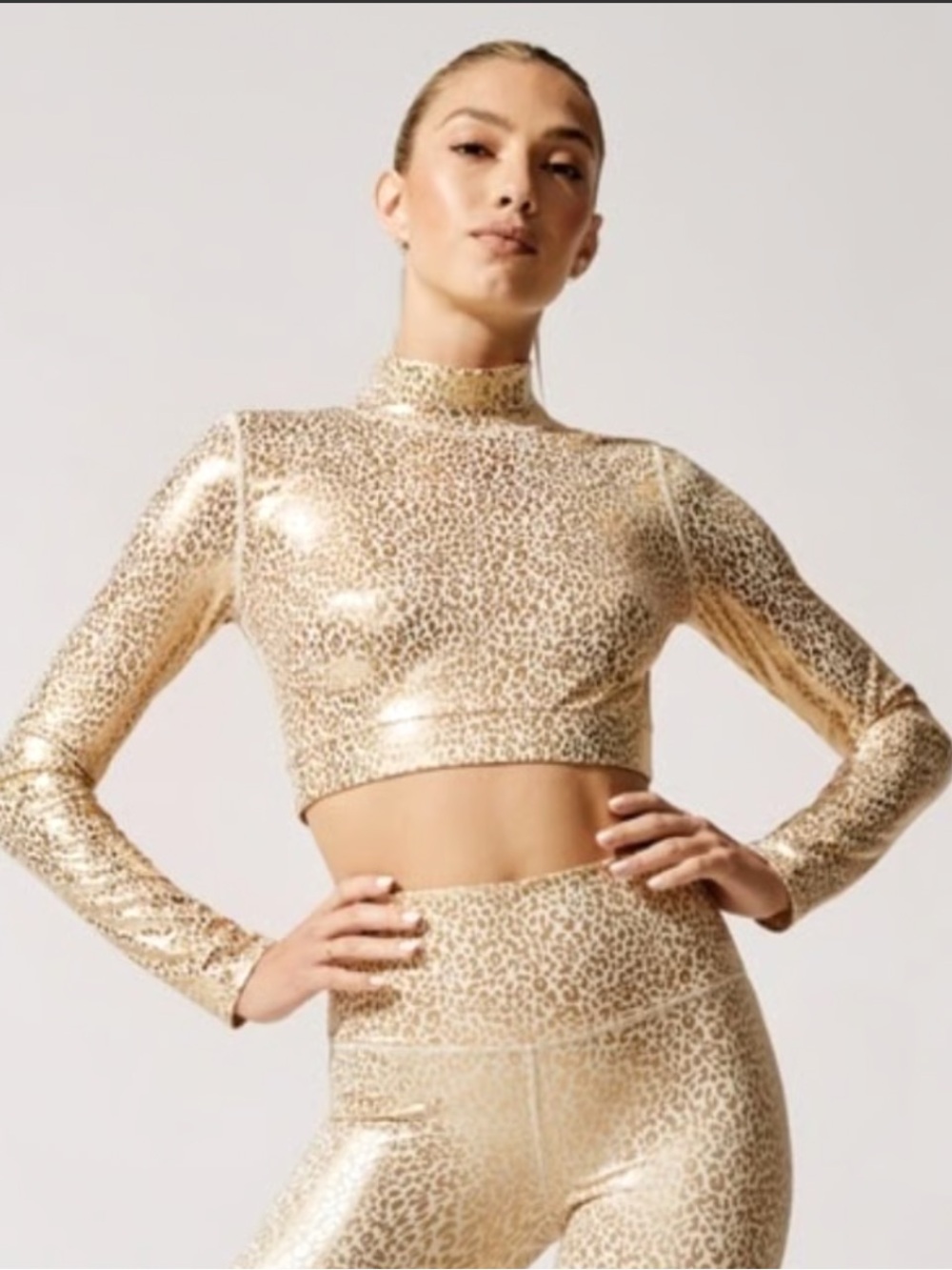 Carbon38 gold metallic mini leopard print mock neck crop top long sleeves XS